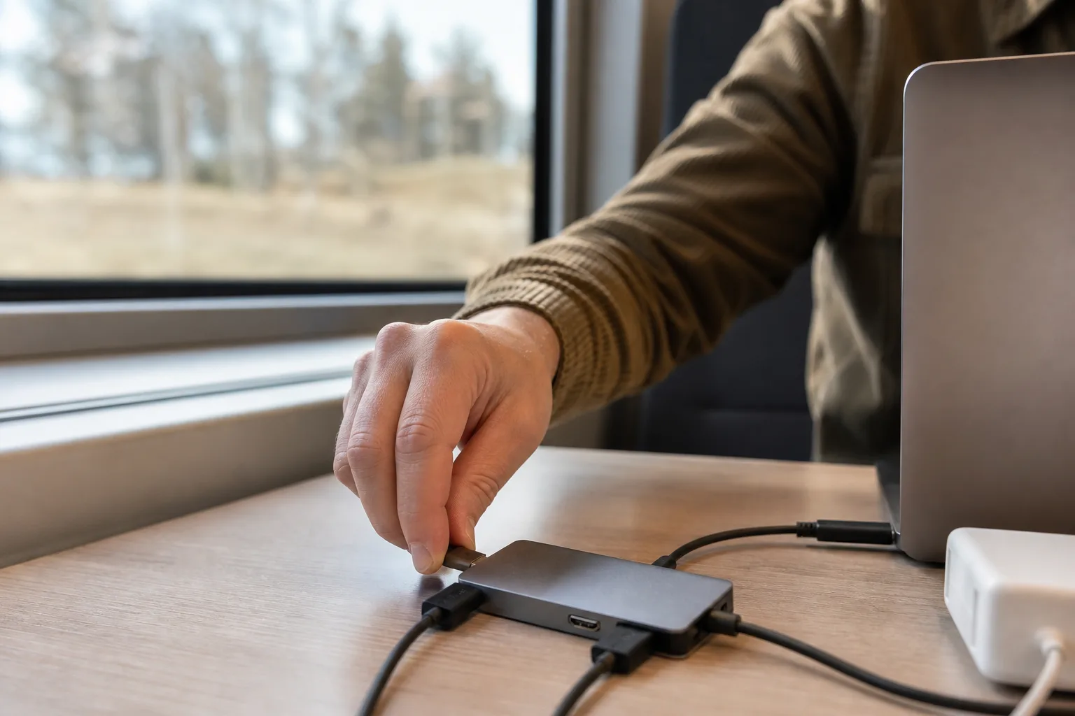 Hand kopplar USB-C-hubb till laptop på tågbord