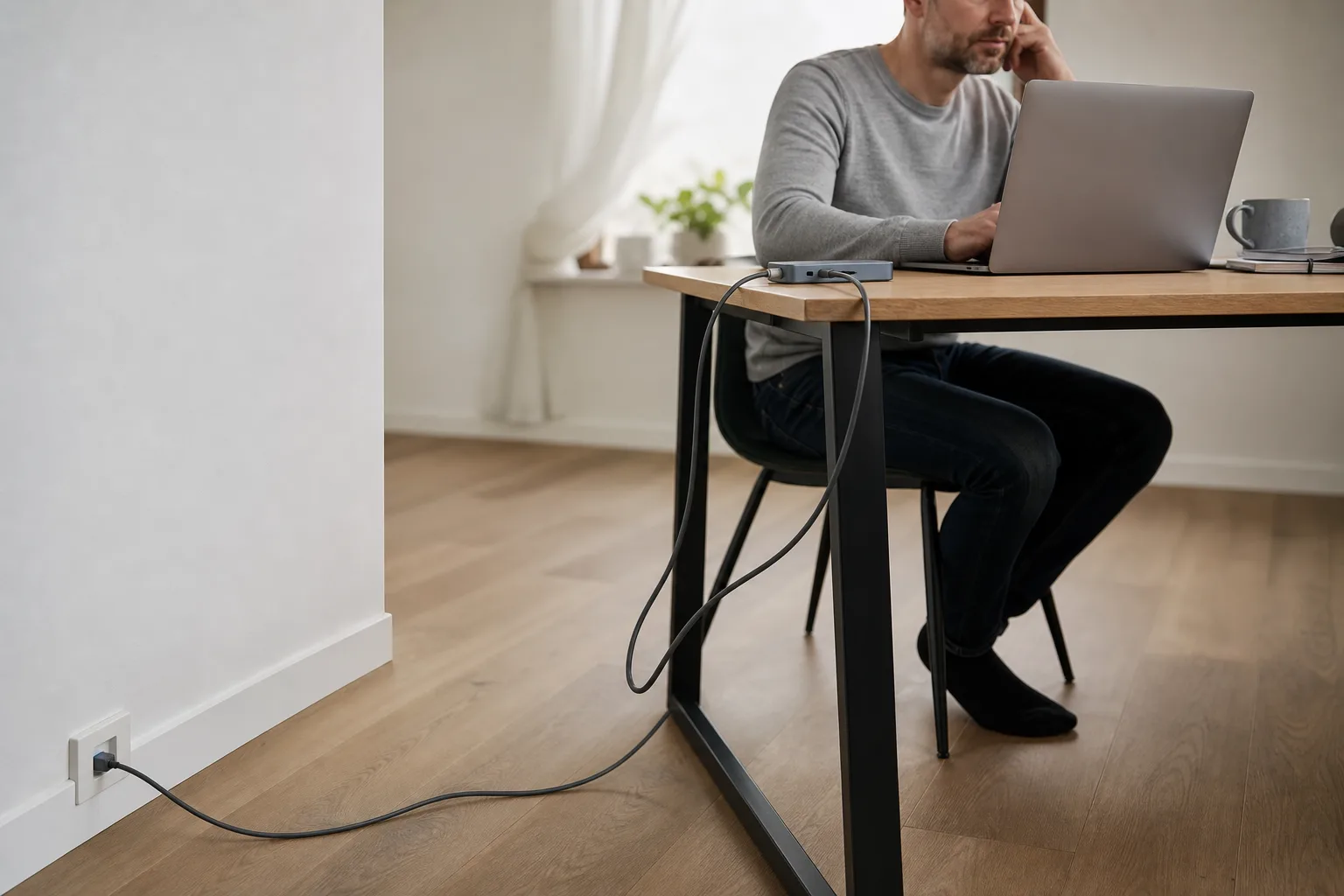 Laptop utan RJ45 ansluten till nätverkskabel genom USB-C-hubb