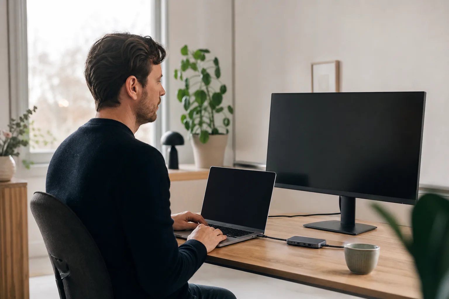 MacBook med två separata kontorsskärmar anslutna via en docka