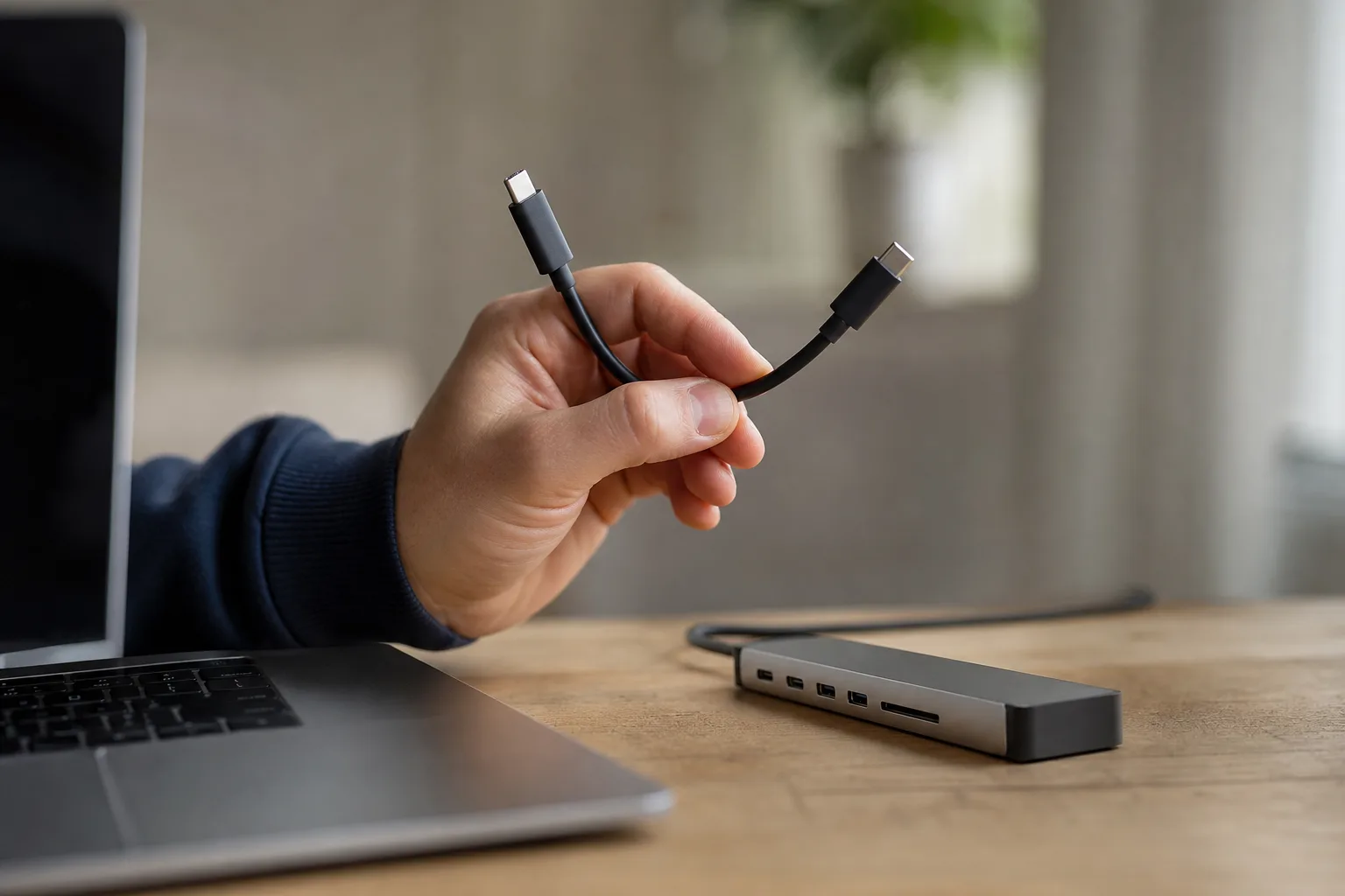 Laptop med USB-C-formad port ansluten till docka och två skärmar