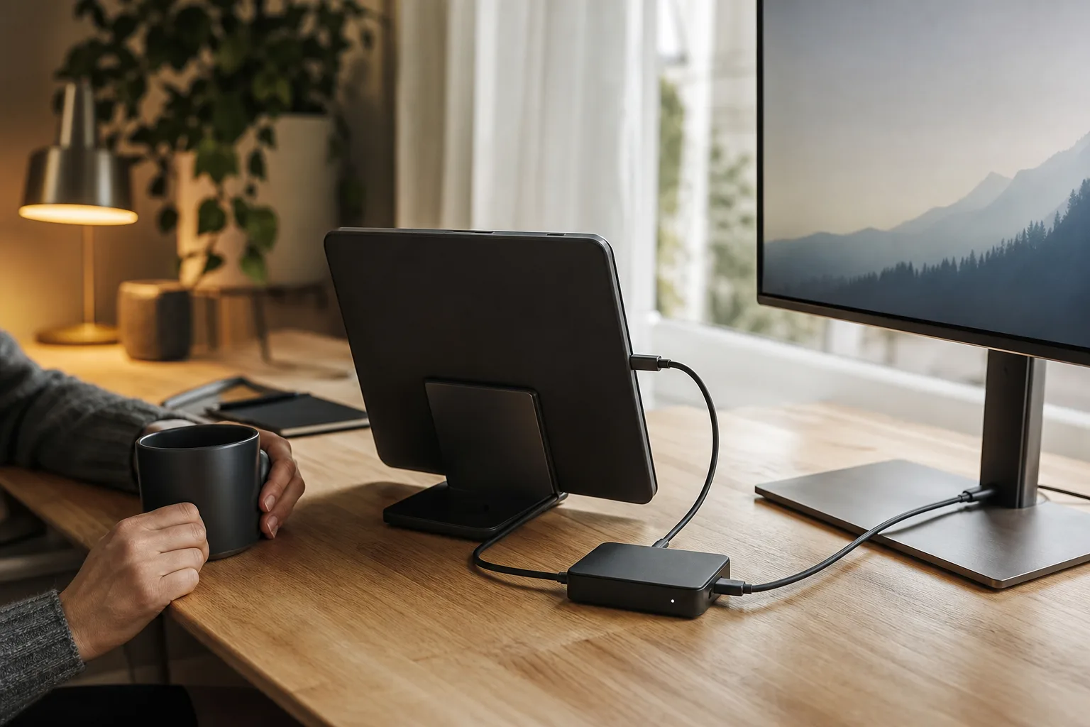Surfplatta i stativ kopplad till skärm och laddning via en liten USB-C-docka