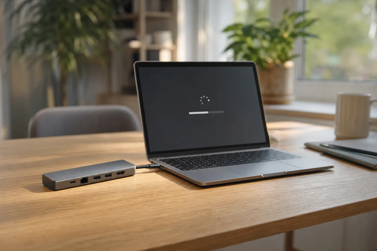 Laptop med uppdateringsfönster bredvid en dockningsstation på skrivbordet