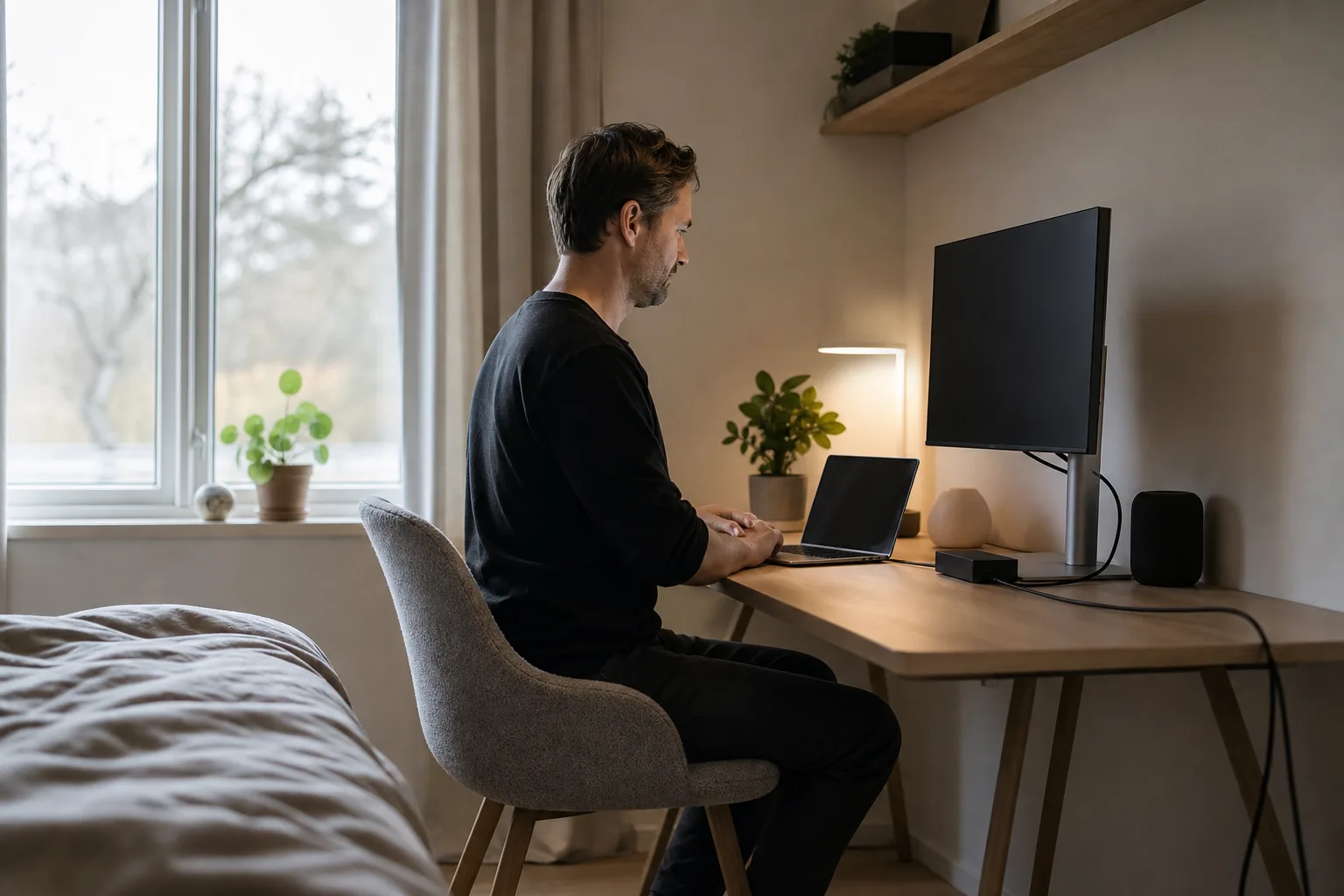 Bärbar jobbdator ansluten med en kabel till docka, skärm och nätverk