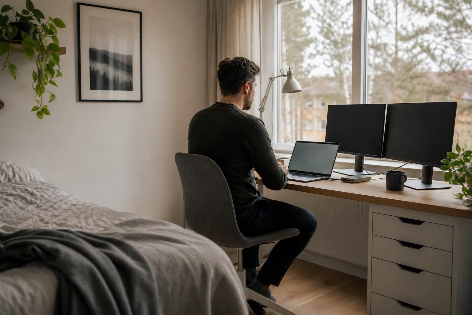 Laptop kopplad till dockningsstation på hemmakontor