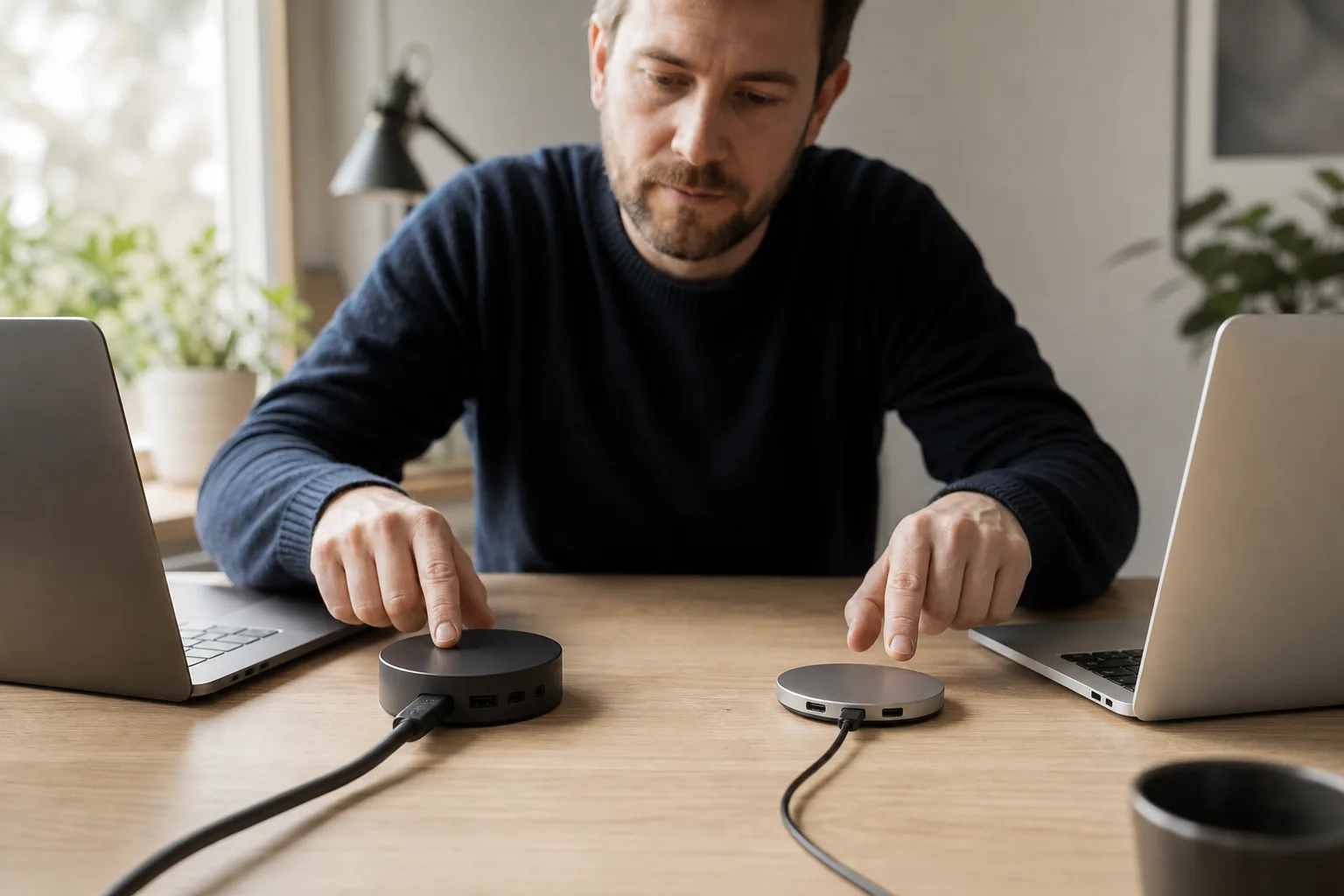 En bärbar dator med en USB-C-docka och en Thunderbolt-docka på skrivbordet