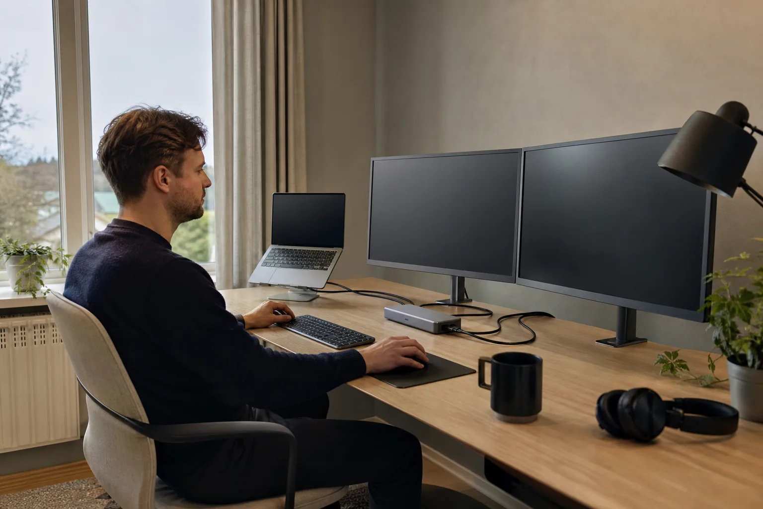MacBook vid skrivbord med docka, extern skärm och SSD