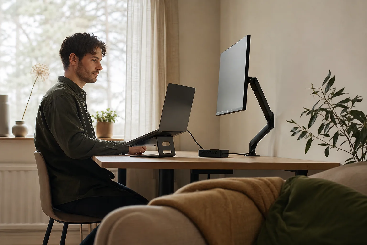 Laptop i stativ kopplad till docka och skärm