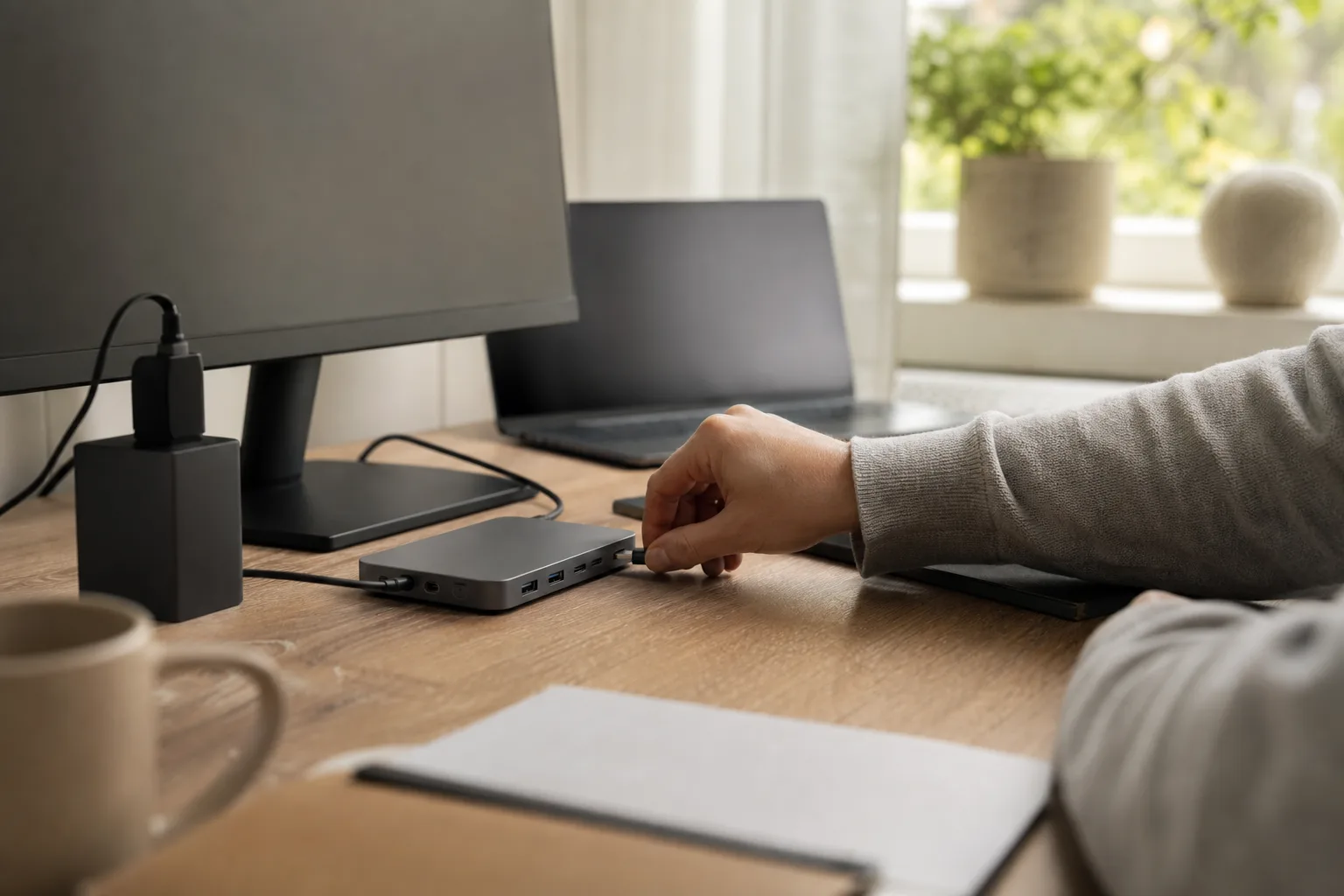 En USB-C-hubb och en större Thunderbolt-docka vid olika arbetsplatser