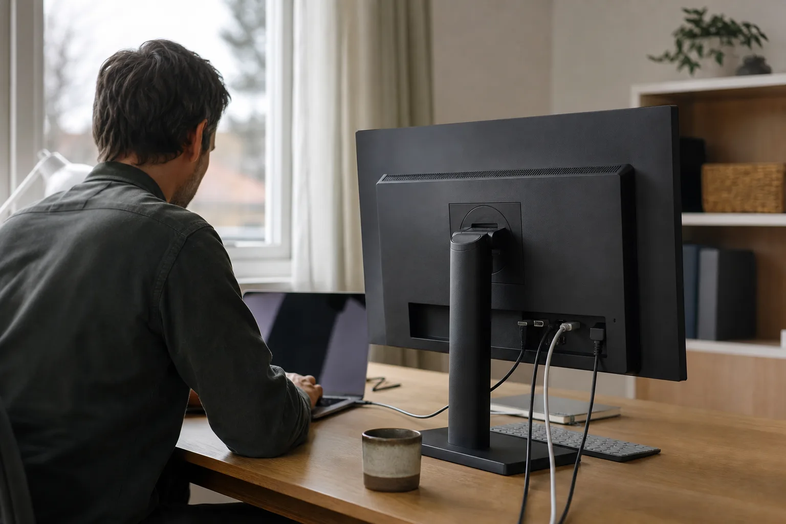 Bärbar dator ansluten till skärm med USB-C och nätverkskabel