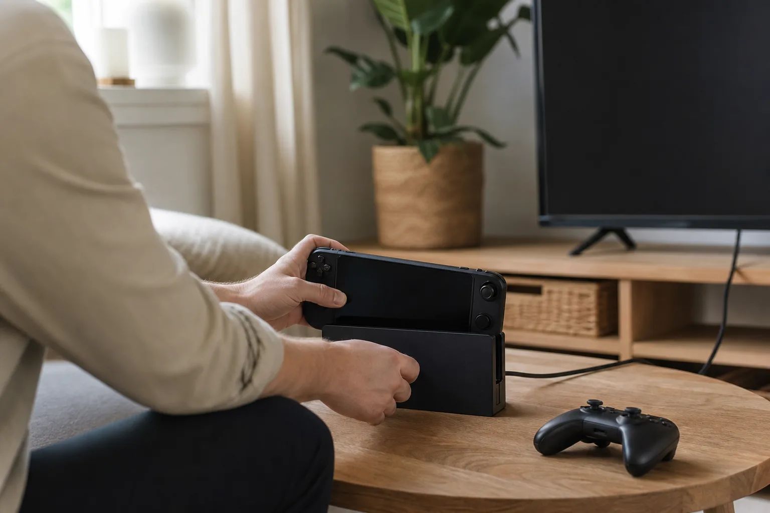 Handdator i docka på soffbord framför tv