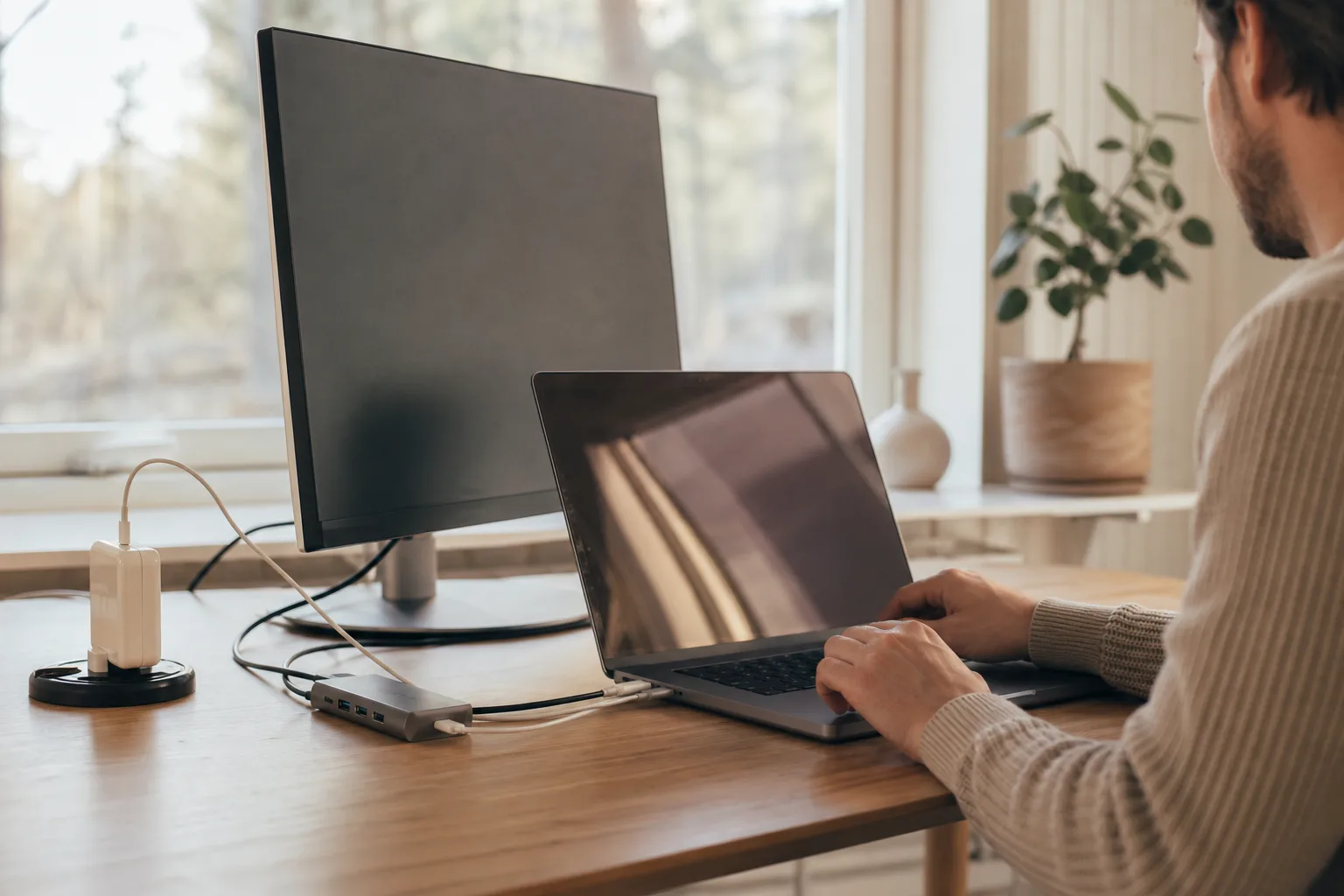 USB-C-hubb mellan laddare, laptop och skärm på ett skrivbord