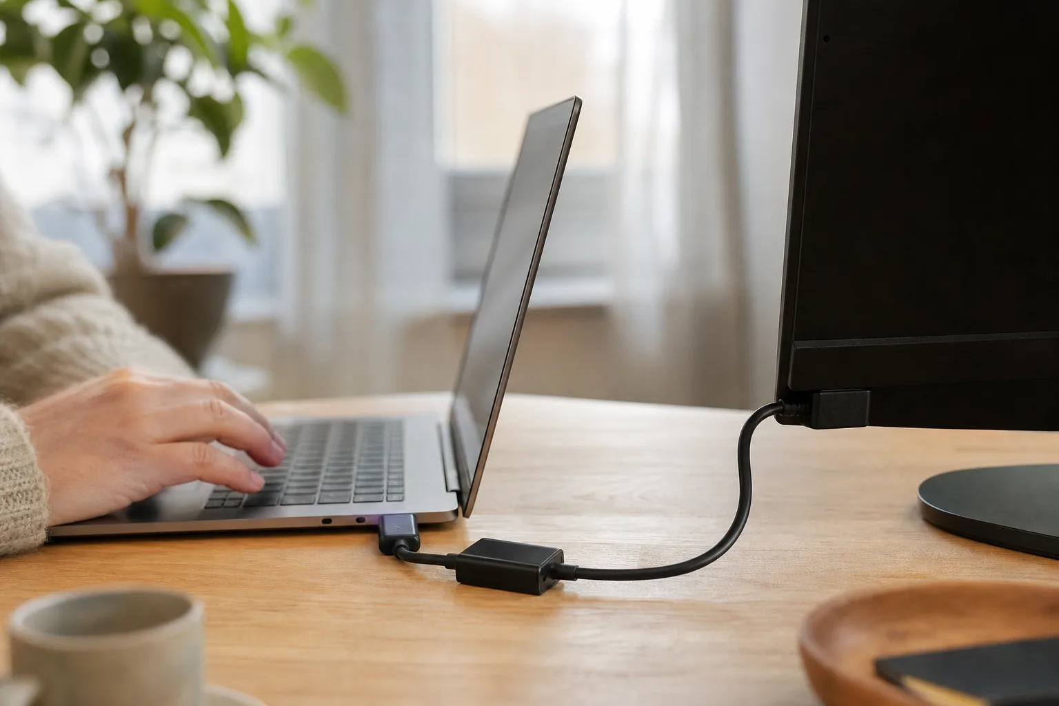 Laptop kopplad till HDMI-skärm via en liten USB-C-adapter