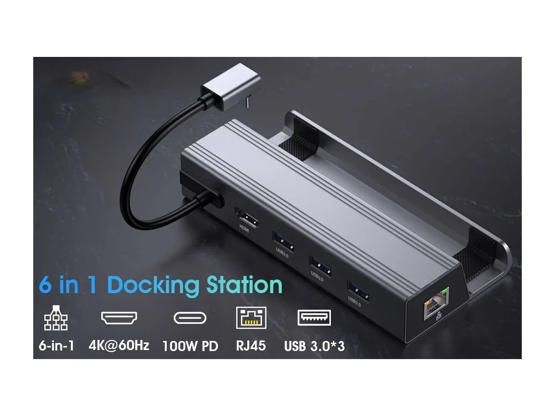 NÖRDIC Steam Deck-docka 6-i-1 i silver med HDMI, tre USB-A, USB-C PD och Ethernet