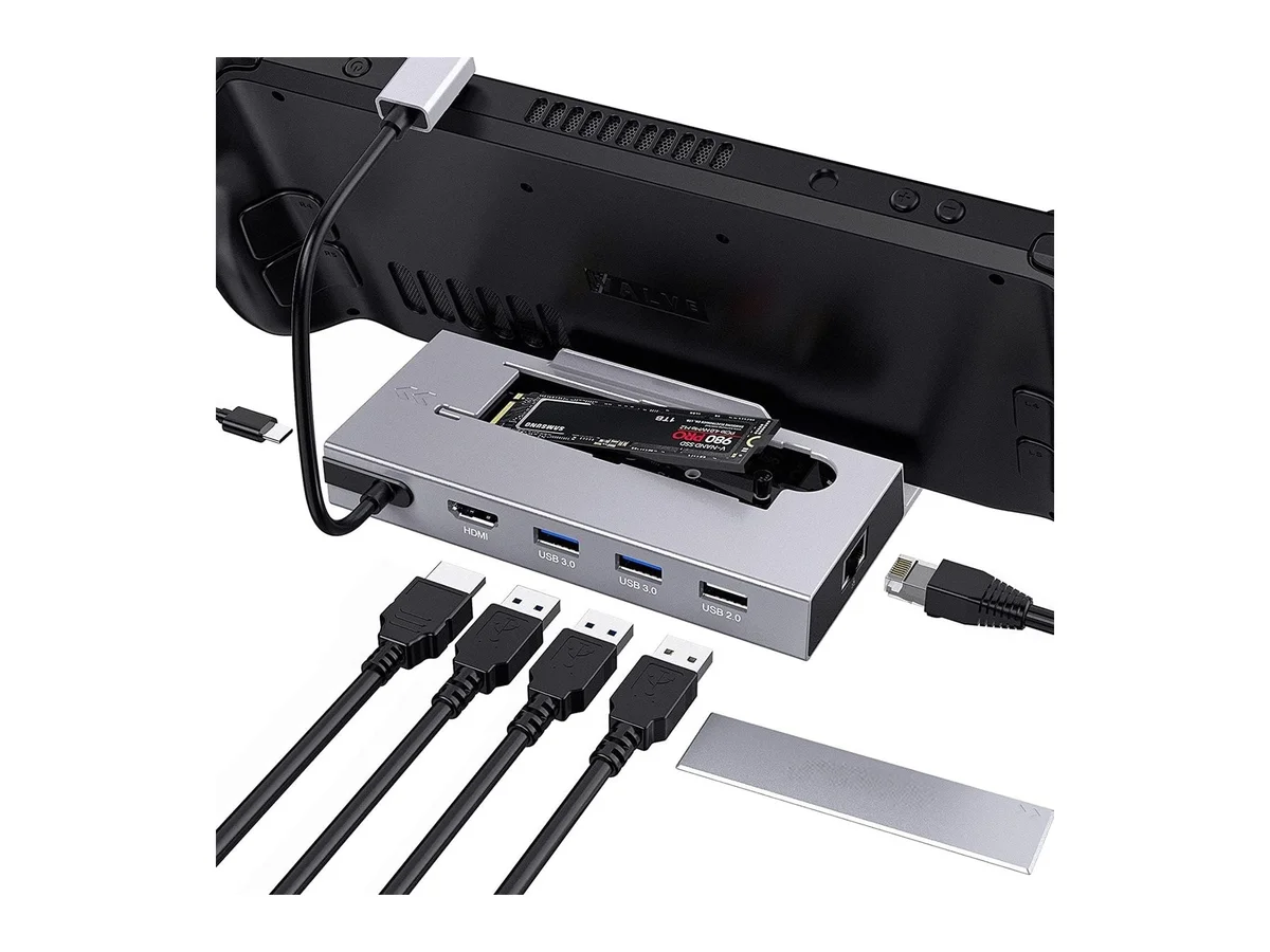 NÖRDIC Steam Deck-docka 7-i-1 i grått med M.2-plats, HDMI och Ethernet